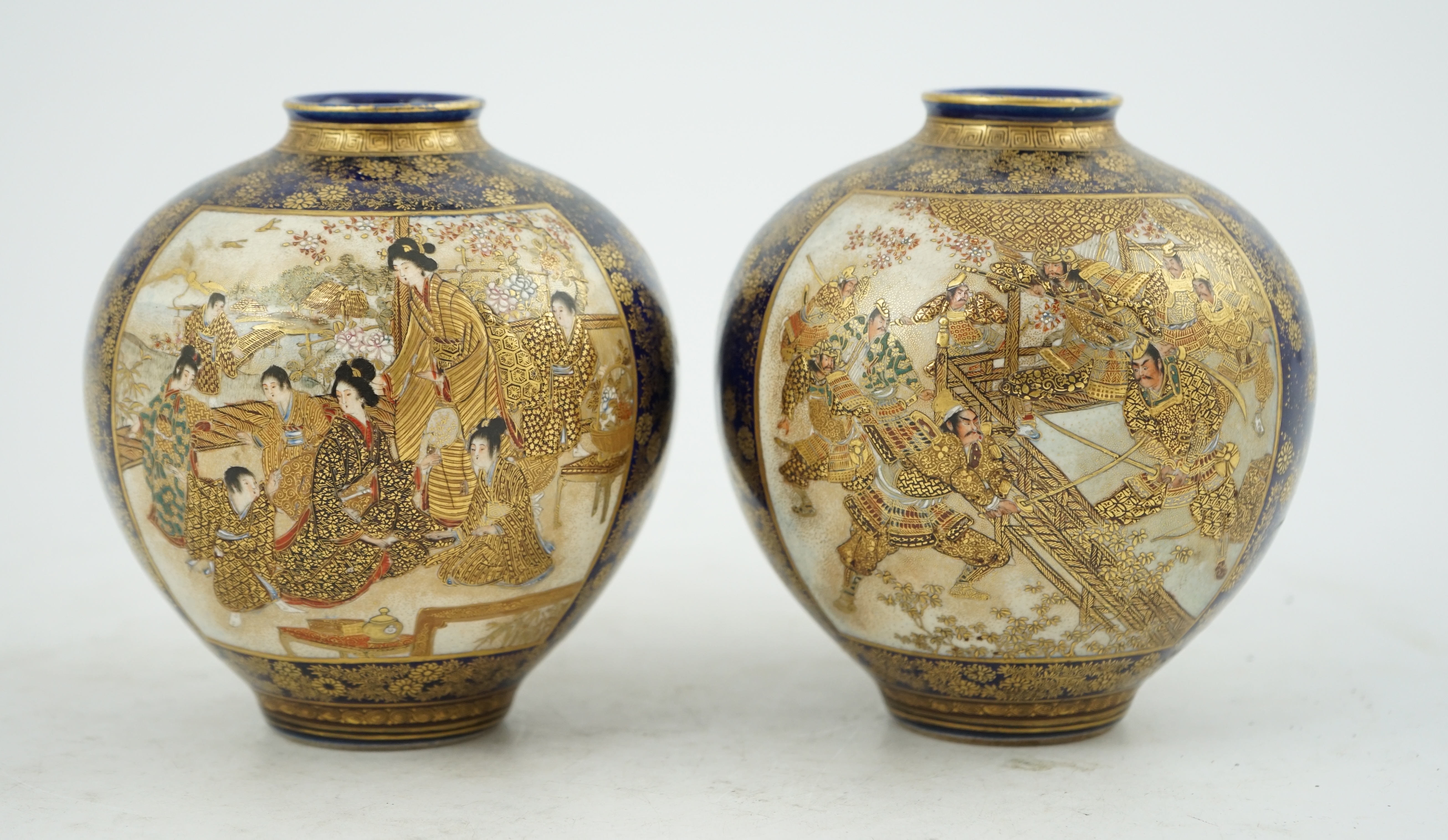 A pair of Japanese Satsuma blue ground globular vases, Meiji period
